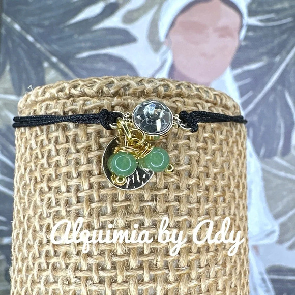 Aventurine dainty gold adjustable bracelet/black cord adjustable multi charms - Picture 1 of 4